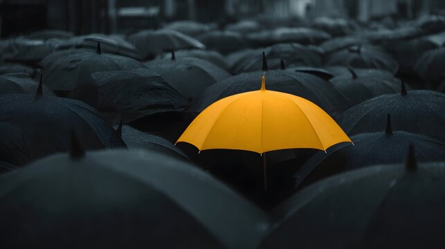 One bright yellow protection stands out among a crowd of dark ones in an urban setting