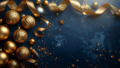 Festive arrangement featuring golden ornaments, a silver bauble, and a flowing gold ribbon on a textured dark blue background with scattered glitter.