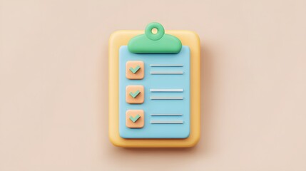 Three dimensional stylized clipboard icon shows completed tasks on a muted background