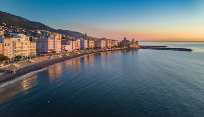 Obraz premium Coastal City Skyline at Sunset Aerial View