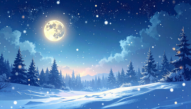Winter landscape with snow-covered trees under a bright full moon and falling snow.
