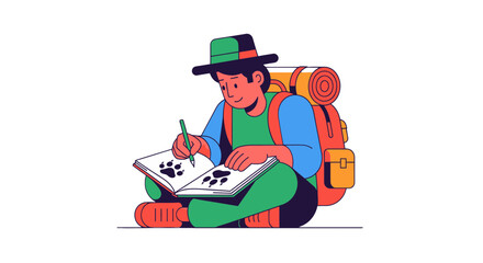 Adventurer Illustrating Paw Prints While Journaling and Backpacking Illustration
