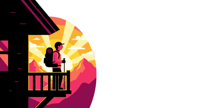 Adventurer Observing Majestic Mountains Under A Vibrant Sunrise, Outdoor Vector Image