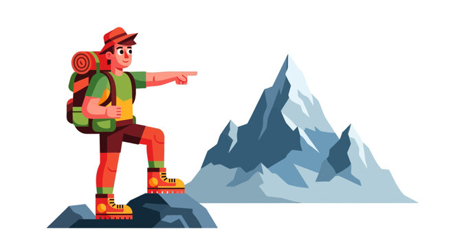 Adventurer Pointing Towards Mountain Peaks and Overcoming Challenges of a Journey Successfully
