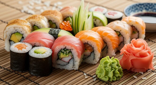 Assorted Sushi Rolls with Fresh Vegetables and Condiments on Bamboo Mat