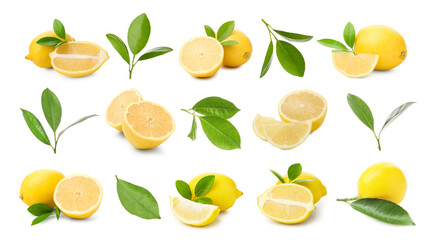 Set of fresh lemons on white background. Citrus fruit