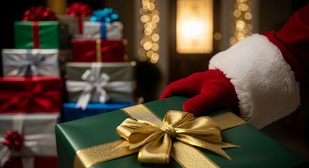 Capturing the anticipation of receiving a present. The gloved hand holds the large Christmas box, which reflects the warm ambient light.