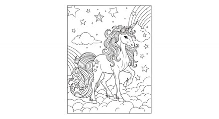 Black and White Unicorn Coloring Page with Stars Clouds and Rainbow for Children