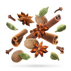 Different spices for Christmas drinks and dishes. Anise, cardamom, cinnamon, nutmeg and clove falling on white background