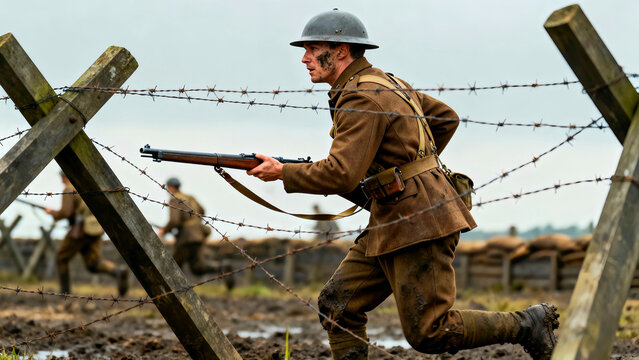 World war one soldier running through a muddy battlefield with barbed wire and trenches in the background during a reenactment of historical military events and battles