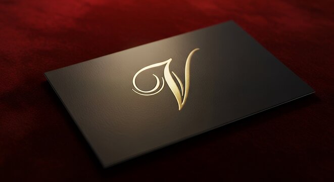 Elegant Black Business Card with Gold Logo on Red Velvet Background