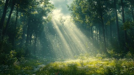 Fototapeta premium Sunbeams illuminate a magical forest path, dappled light on wildflowers and trees.