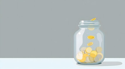 Clear glass container receives falling round currency pieces against a muted background