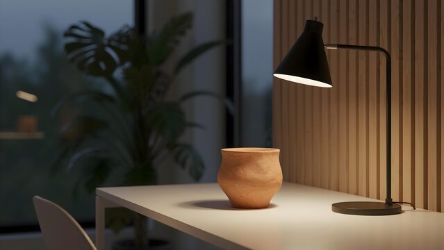 Minimalist Interior with Desk Lamp and Clay Pot on White Table - Powered by Adobe
