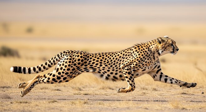 Fast Running Cheetah in Desert Landscape with Sandy Ground and Clear Sky
