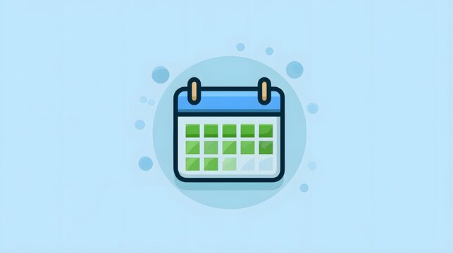 Graphic representation depicts a monthly organizer icon centered against a pale blue background with subtle circular accents