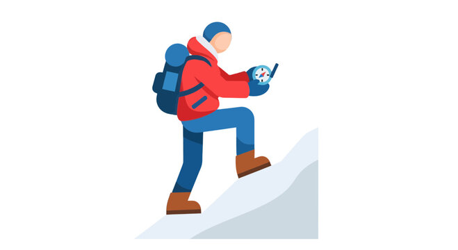 Adventurous Climber Ascends Snowy Slope While Using a Compass For Guidance