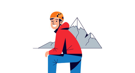 Adventurous Climber Resting After Reaching Mountain Peak With Background