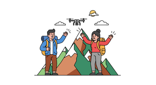 Adventurous Explorers Celebrating On Mountain With A Drone Capturing The Thrilling Experience