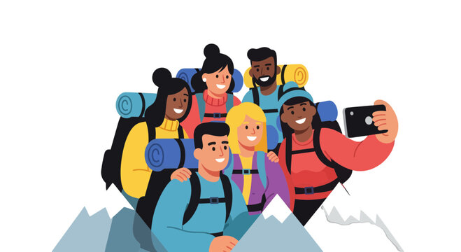 Adventurous Friends Taking a Selfie While Hiking Together in the Mountains