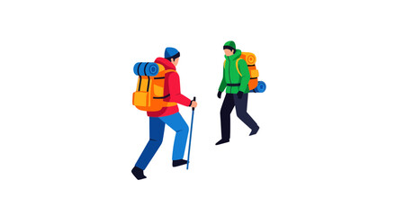 Adventurous Hiker Duo Exploring Outdoor Scenery in Illustrated Vector Style