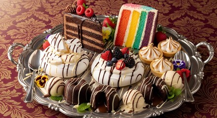 Decorative Assorted Cakes and Pastries on Silver Tray in Elegant Setting