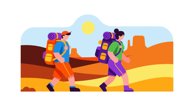 Adventurous Couple Traversing Arid Terrain Together Under a Bright Sunny Sky