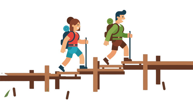 Adventurous Couple Traversing a Wooden Bridge During a Mountain Hiking Expedition Adventure