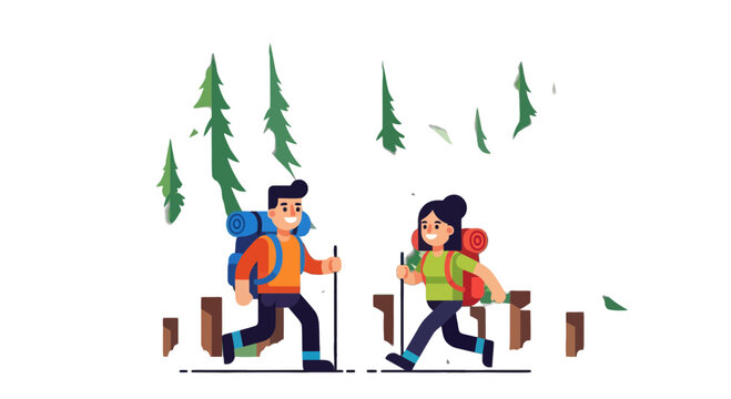 Adventurous Couple Traversing Forest Trail with Backpacks and Hiking Poles Depicted In Illustration