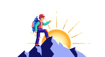 Adventurous Hiker Reaching Summit During Sunrise, Symbolic Of Achievement