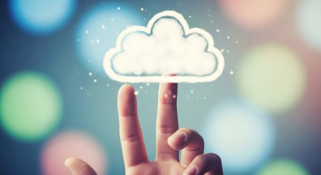Cloud Computing Connection: Finger Touching Glowing Cloud Icon on Bokeh Background - Powered by Adobe