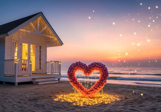 Romantic heart decoration on beach at sunset with lights