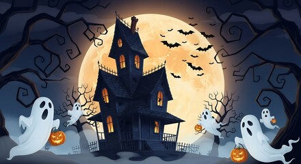 Haunted House Halloween Scene with Ghosts Pumpkins and Full Moon