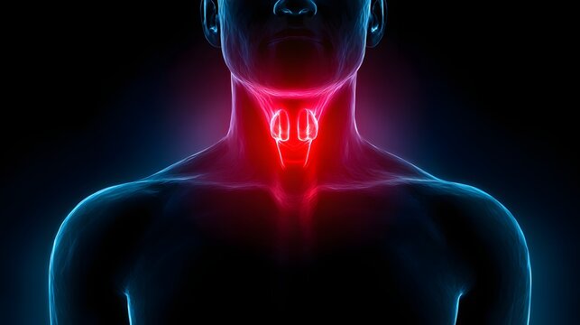 Illuminated visualization highlights the internal structures of a human neck and throat area