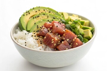 Bowl of poke with rice, avocado, sesame seeds, and fresh greens isolated on white background