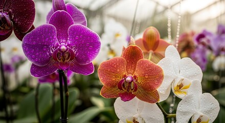 Vibrant Orchid Flowers with Water Droplets in Greenhouse Setting