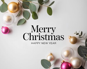 Luxurious holiday flat-lay with eucalyptus, frosted glass ornaments, vibrant cultural colors, soft golden lighting, modern text, and pure white background for premium design.