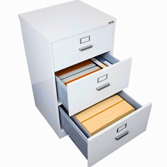 Organized office storage with white filing cabinet drawers open for efficient document management