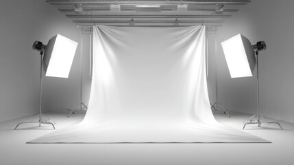Empty Photography Studio Setup with White Backdrop and Bright Softbox Lights for Professional Photo Sessions and Creative Projects