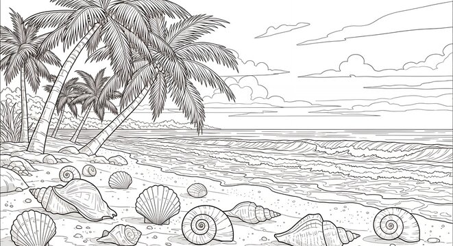 Calm Tropical Beach Scene with Palm Trees and Shells in Black and White Line Art