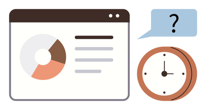 Data chart on a web browser window, clock showing time, speech bubble with question mark. Ideal for time management, productivity, data analysis, decision making, scheduling, business planning
