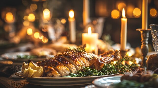 Roasted poultry centerpiece garnishes a dimly lit holiday dinner table illuminated by warm candlelight