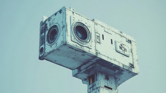 An aged, metallic surveillance device against a pale sky.