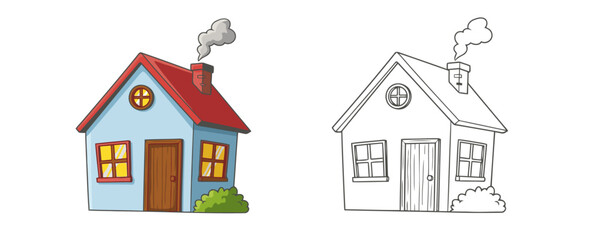 Vector illustration showing a small colorful cartoon house with red roof and smoking chimney next to its black and white line art outline for coloring