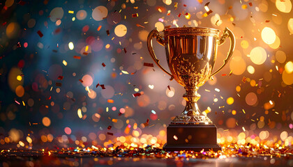 Golden Trophy Celebration with Confetti and Bokeh Lights.