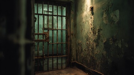 Dimly lit jail cell corridor features heavily rusted bars and peeling paint on the walls