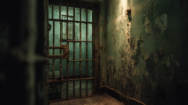 Dimly lit jail cell corridor features heavily rusted bars and peeling paint on the walls
