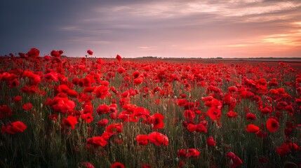 A stunning sunset over a red poppy field in the English countryside, casting long shadows and creating a vibrant, enchanting atmosphere that captures nature’s beauty at its most captivating moment.