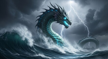 Mythical Sea Serpent Emerges from Stormy Ocean Waves Under Lightning.