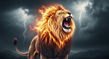 Roaring Lion Ablaze - A Majestic Creature in a Stormy Sky.